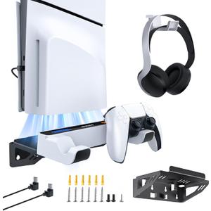 NexiGo PS5 (All Versions) Wall Mount Kit with Charging Station for PS5/PS5 Slim/PS5 Pro Consoles, Regular and DualSense_Edge Controllers, Stable Metal Wall Hanging Stand with LED Indicator