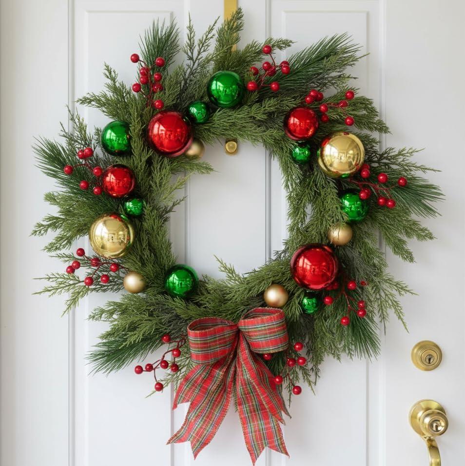 Christmas Wreath 26 Inch for Front Door, Large Artificial Pine Wreath with Red Green Gold Ornaments, Berries & Plaid Bow  Holiday Decoration for Home, Wall & Fireplace