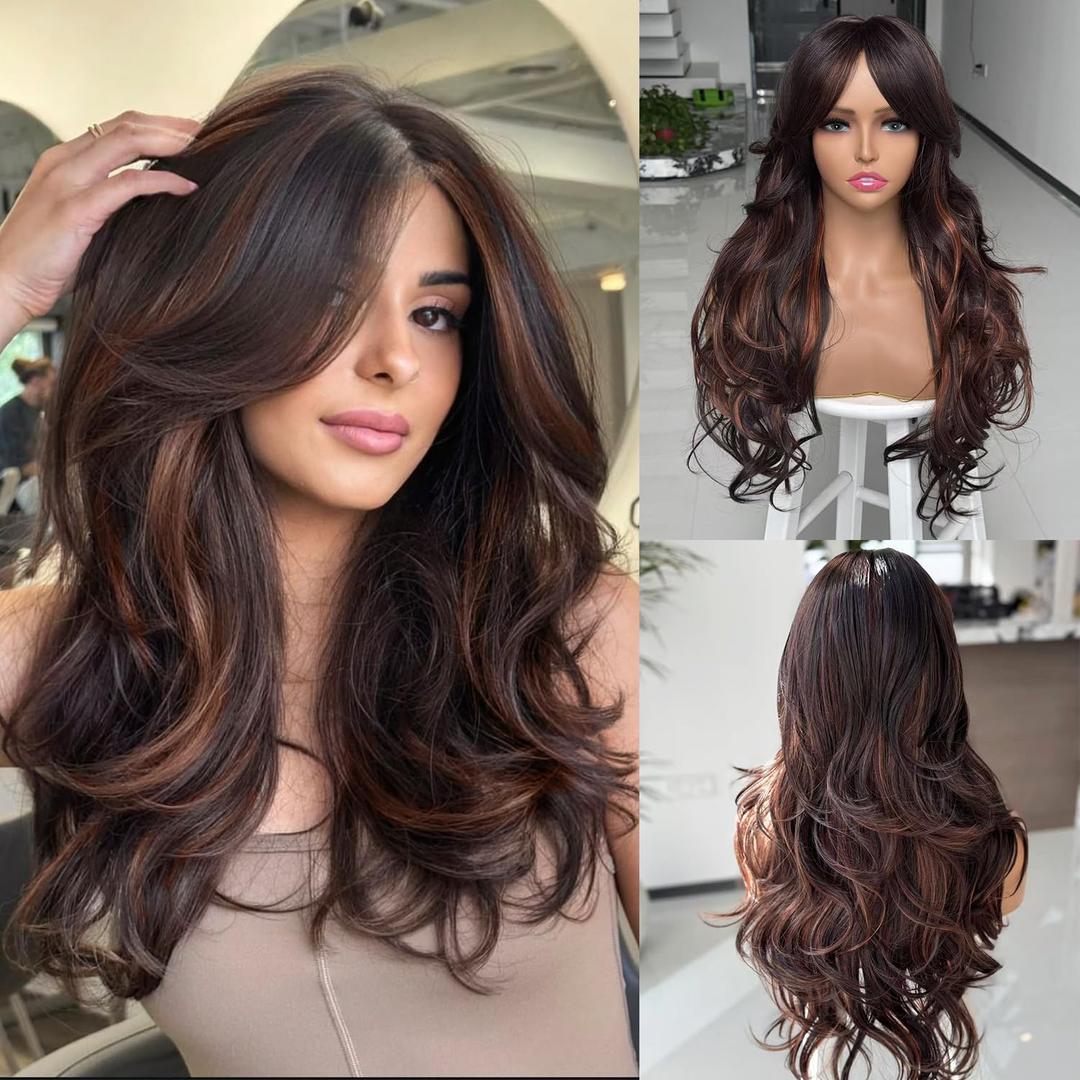 Ombre Brown Highlight Long Layered Wavy Wig with Bangs for Women Synthetic Dark Brown Mix Highlight Blonde Body Wave Curtain Bang Wig Long Layered Haircut for Black and White Women Daily Use 24Inch