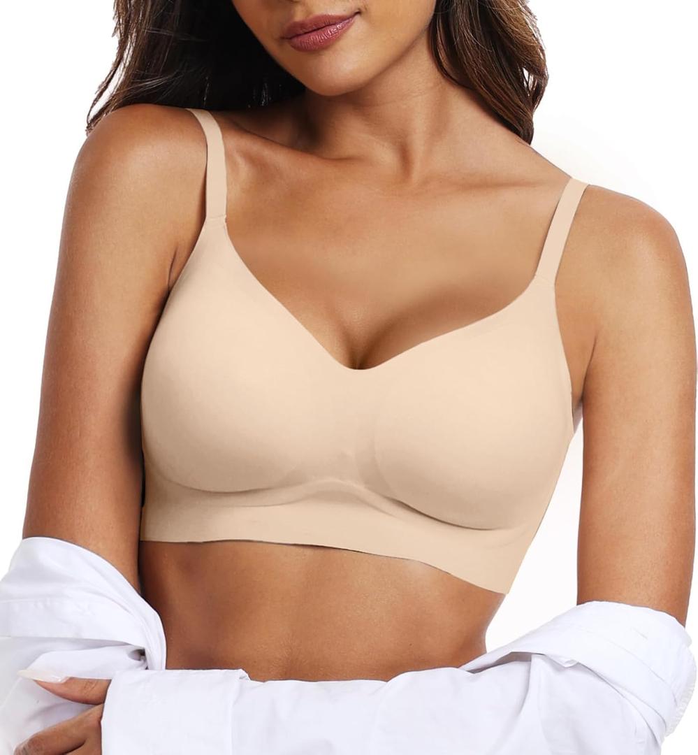 OEAK Womens Wireless Jelly Bras Comfortable Push Up Bra No Underwire Gel Bra Full Support Lift Everyday Seamless Tshirt Bras (Beige, XL)