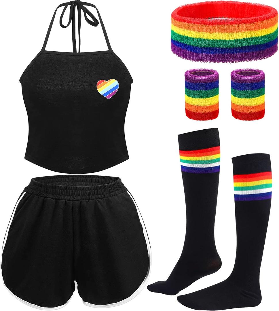Pride Outfits for Women Girl Rainbow Summer Crop Top and Shorts Halter Pride Suit Headband Wristbands Socks Set (Medium)