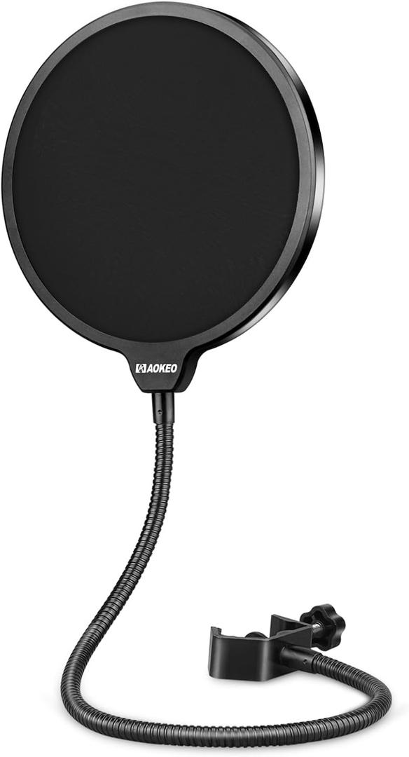 Aokeo Professional Microphone Pop Filter Mask Shield For Blue Yeti and Any Other Microphone, Mic Dual Layered Wind Pop Screen With A Flexible 360 Gooseneck Clip Stabilizing Arm