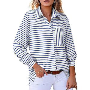 Astylish Women's 2025 Oversized Long Sleeve Shirts Button Up Striped Collared Front Pocket Top (Blue)