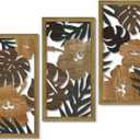 Putuo Decor Tropical Floral Wall Art, Set of 3 Plant Wall Decor, Rustic Monstera Leaves Nature-Inspired Aesthetic Boho Palm Leaf Wall Art for Living Room Bedroom Entryway (Auburn)