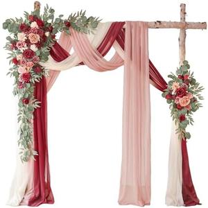 WEIERYUE Deluxe Wine Red Artificial Wedding Arch Flowers with Drapes Kit-Pack of 5, 2pcs Flower Arrangements 3pcs Hanging Valance Red Ceremony Arbor Reception Backdrop Rose Floral Decorations.
