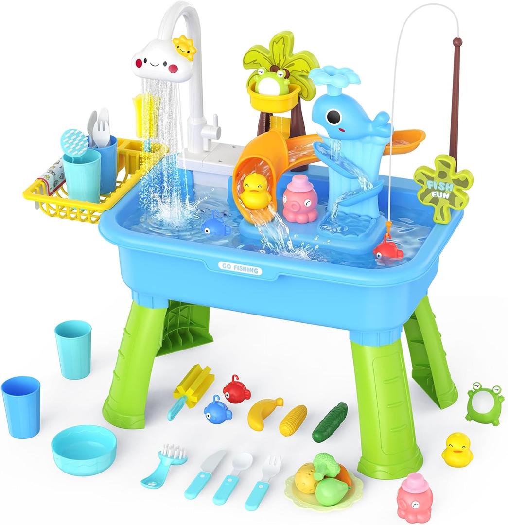 2026 Upgraded Water Table for Toddlers 1-3 - Outdoor Toys for Kids Ages 4-8 with Pump, Summer Outside Sensory Activity Pool Toys, Kitchen Play Sink Toy with Running Water, Fishing Toy, Blue