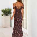 MEROKEETY Women's 2026 Summer Off The Shoulder Spaghetti Strap Floral Mesh Wedding Guest Cocktail Formal Party Maxi Dresses (Brown, M)