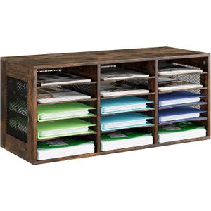 Mail Sorter Organizer, Wood Literature Organizer, Student Mailbox for Classroom, Desktop Bill Paper Organizer for Office Home School, 15 Compartments, Antique Brown