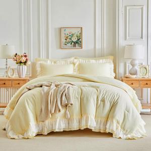 Joyreap Lace Ruffle Bed in a Bag Yellow, Twin Size Microfiber 6pcs Ruffled Comforter Sheet Set for Girls, Princess Style Vintage Boho Chic Bedding Comforter Set for All Season