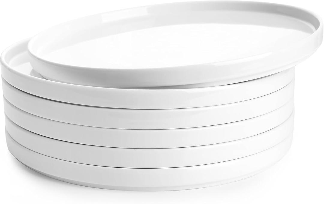 Sweese Porcelain Flat Dinner Plates Set of 6, 10.5 Inch High Edge Dish Set - Dishwasher, Microwave, Oven Safe, Scratch Resistant, Kitchen Serving Dishes - Elegant White Glaze