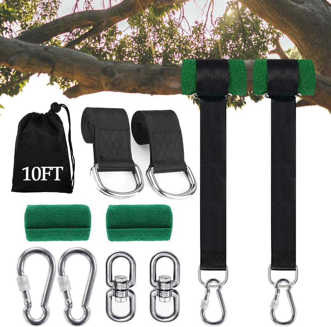 Extra Long Tree Swing Straps, 3FT/10FT/20FT/30FT Tree Swing Hanging Straps Kit Holds 5000 lbs with Tree Protector, Heavy Duty Carabiner and Swivel Perfect for Swings & Hammocks (10 FT) (Black)