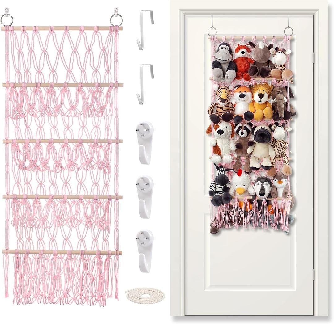 Stuffed Animal Net or Hammock Large Plushie Net Corner with 4 Layers Macrame Boho Toy Hammock Net Stuffed Animals Holder Hanging for Small Toy Storage Toddler Kids Room Decor -Pink