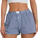 Women's Y2K Lounge Shorts Cute Soft Elastic Low Waist Plaid Print Button Front Pajama Bottoms Boxer Shorts Sleepwear (Blue, S)