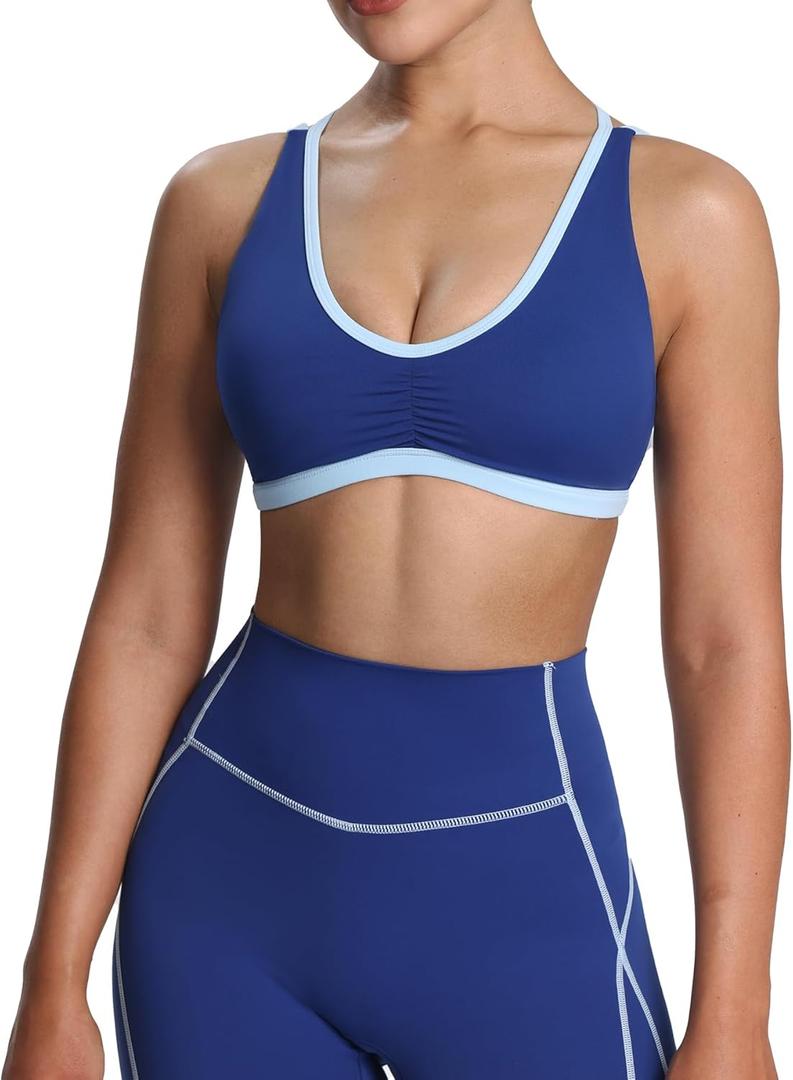 Aoxjox Women's Workout Fitness Rory Ruched Sports Bras Yoga Crop Tank (Medium, Bellwether Blue/Airy Blue)