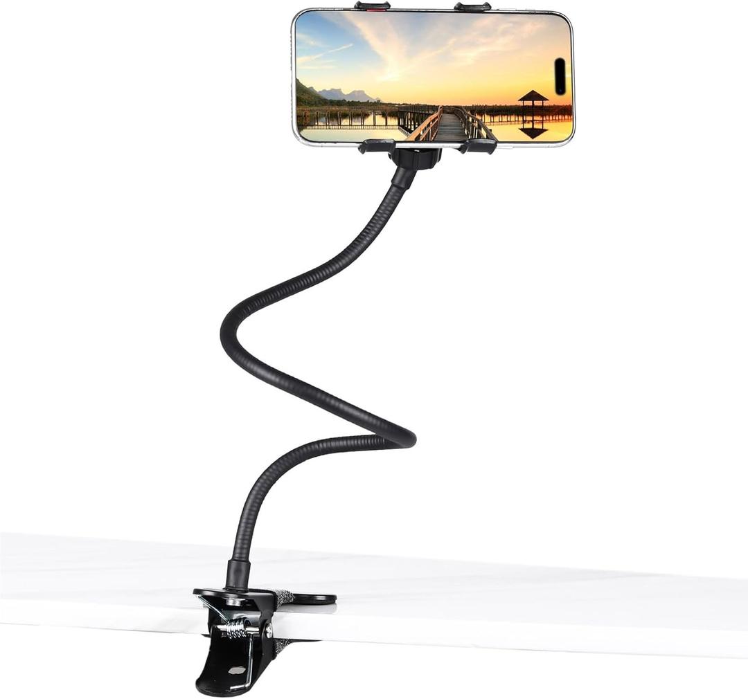 Gooseneck Phone Holder for Bed, [Upgrade Metal Stable] Flexible Gooseneck Long Arm Phone Mount for Desk with 360 Adjustable Clamp Clip Overhead Bedside Phone Stand, for All 4-7 Cellphone