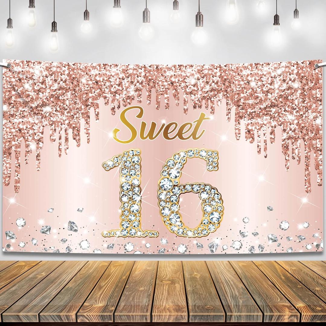 KatchOn, XtraLarge Sweet 16 Banner Rose Gold - 72x44 Inch | Sweet 16 Party Decorations | Sweet 16 Backdrop for 16th Birthday Decorations for Girls | Sweet 16 Birthday Decorations
