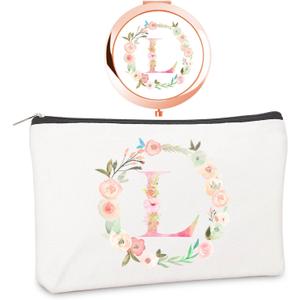 Personalized Gift Initial Compact Mirror w Makeup Bag for Women Sister Daughter Mom Wife, Floral Monogram Alphabet Small Mirror Ideal Gift on Birthday, Christmas, Graduation (L + Bag, ROSE GOLD)
