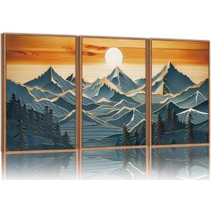 Tinonedraw Large Mountains Framed Canvas Wall Art Set of 3, Boho Nature Woodcut Forest Art Prints, Mid Century Modern Wall Decor, Sunset Landscape Art Paintings for Living Room Bedroom Office 16"x24", 24L" x 16W"