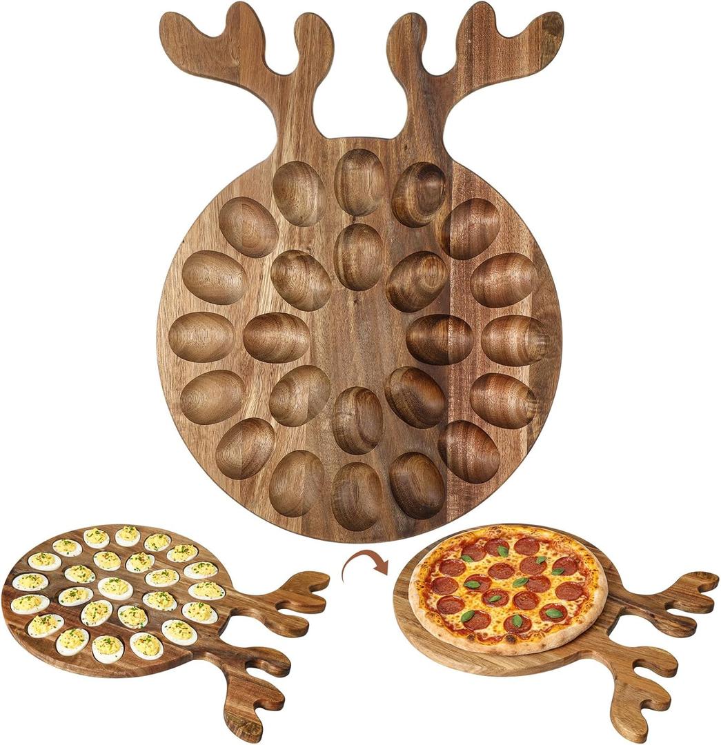 Potchen Christmas Acacia Wood Deviled Egg Platter with Antler Handle, 12" Deer Shaped 24 Holes Deviled Egg Tray, Reversible Charcuterie Board Tray Holder Carrier for Xmas Kitchen Countertops Gift