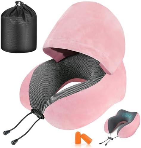 Cirorld Travel Pillow, Neck Pillow for Travel with Hood for Airplane, Velvet Memory Foam Neck Pillow Women Lady Head & Neck Support, for Long Flights Plane, Office, Cars Sleeping & Rest (Pink)