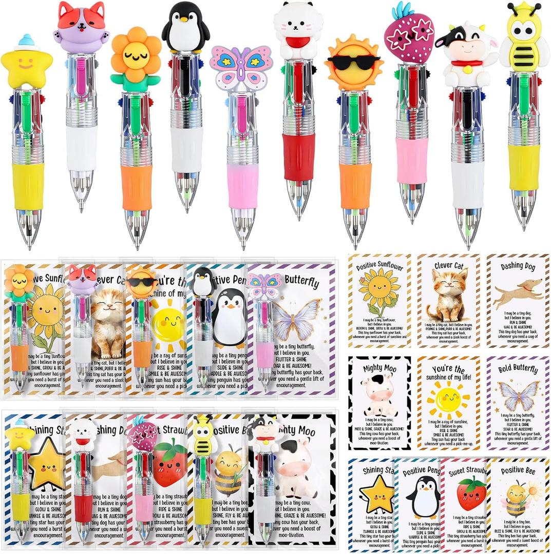 20 Set Mini Multicolor Pens in One 4-in-1 Cute Animal Ballpoint Pen with Support Card Kawaii Cartoon Stationery Graduation Appreciation Gift for Birthday Coworker Teacher School Supplies