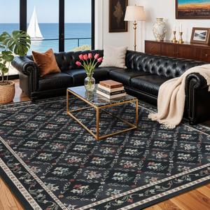 Rwlvpe Black Floral Rugs 8x10 Area Rugs for Living Room, Non Slip Stain Resistance Washable Vintage Large Area Rug for Bedroom, Low Pile Checkered Carpet for Farmhouse Dining Room Office