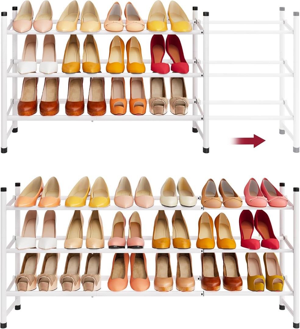 Tajsoon Expandable Shoe Rack for Closet 3 Tier, 28-41Adjustable & Stackable Shoe Shelf Storage, Metal Shoe Rack Organizer for Front Door Entrance, Closet, Garage, Entryway, White