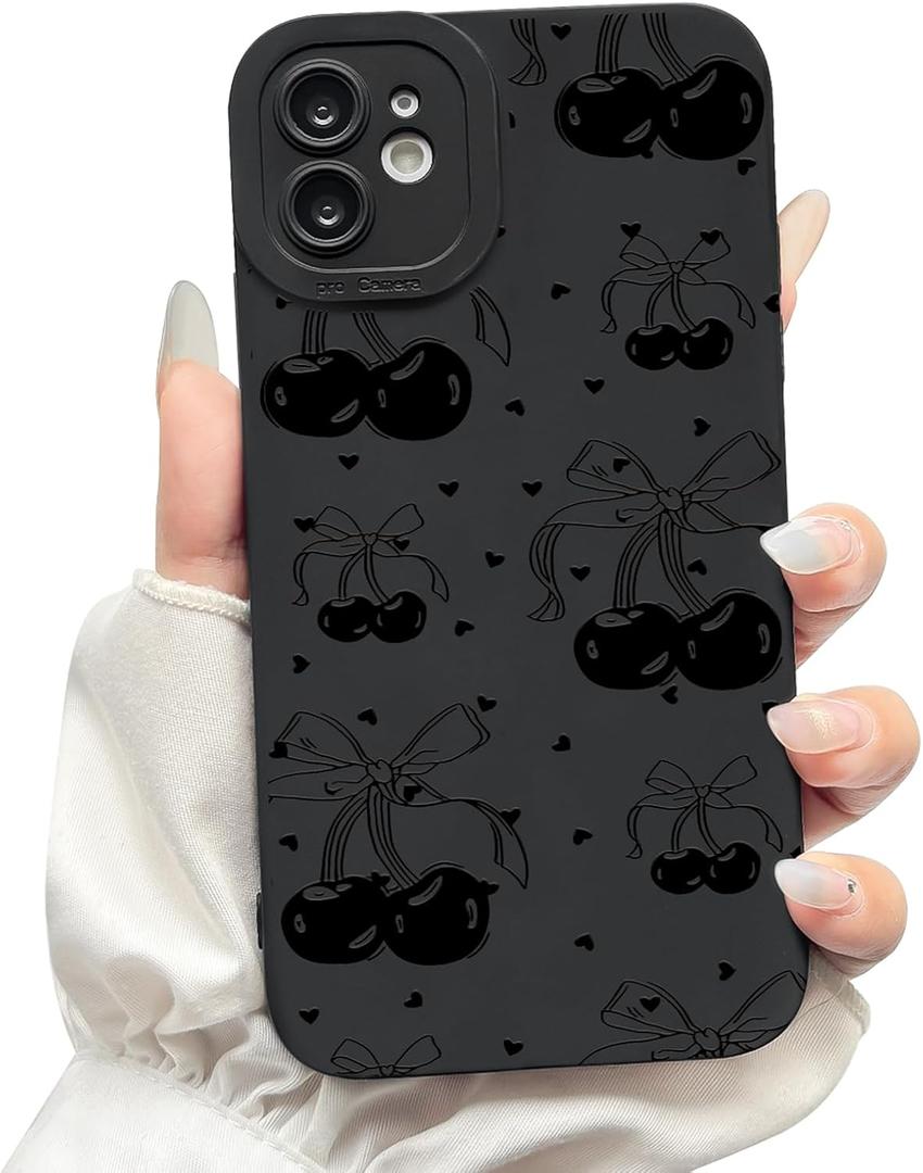 NITITOP Compatible with iPhone 12 Mini Case Cute Cherry Bow Ribbon Pattern for Girls Women Soft TPU Durable Full Camera Lens Shockproof Protective Cover - Black