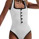 Saodimallsu Womens One Piece Swimsuit Vintage Ribbed Slimming High Cut Color Block Button Square Neck Bathing Suit (Small, White)