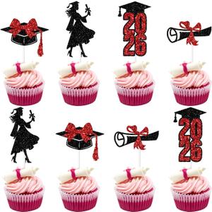 24PCS Congrats 2026 Cupcake Toppers, Class of 2026, Congratulations Girl, Senior High School College Girls Graduation Party Decorations Black & Red Glitter