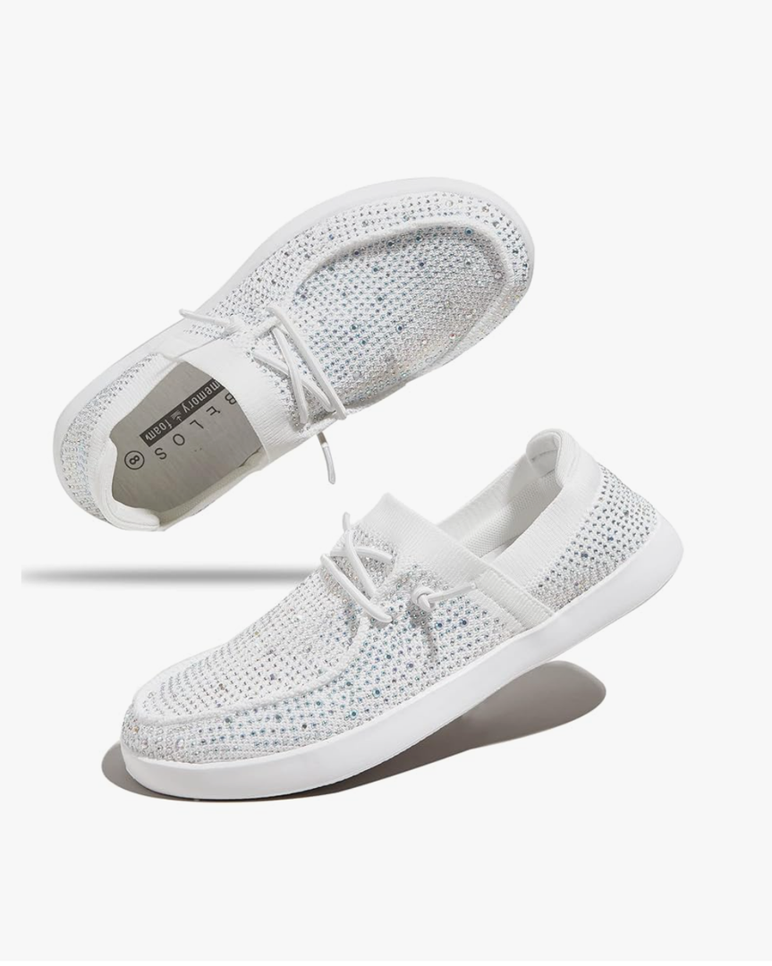 BELOS Women's Rhinestone Lace Up Loafers Shoes Comfortable Slip On Mesh Knit Walking Shoes Fashion Lightweight Sparkly Glitter Sneaker 8.5