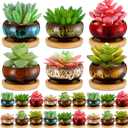 24 Pcs Ceramic Succulent Pots 2.5 Inch Small Plant Pots Indoor with Drainage and Bamboo Saucers Colorful Succulent Flower Planters for Garden Plants Home Decor