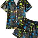 Boys Pajamas Toddler Little Boys Silky Satin Pajamas Button Down Short Sleeve & Shorts Pjs Set Kids Sleepwear 3-10 Years (5-6 Years, Black Dinosaur)
