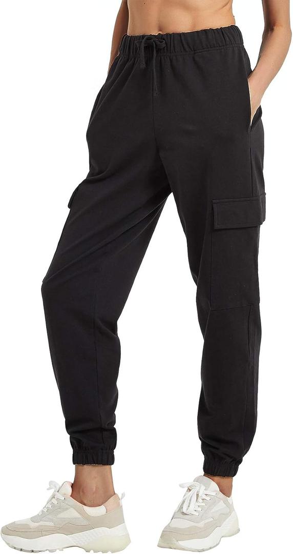 PULI Women's Loose Cargo Sweatpants Pockets Sporty Gym Athletic Fit Jogger Pants Yoga Lounge Trousers (Large, Black)