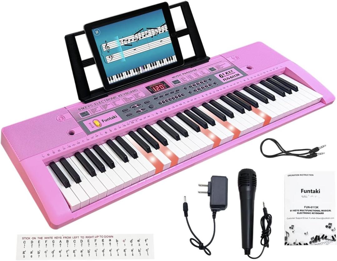 61 Key Electronic Keyboard Piano with Lighted Up Keys, Musical Mini Keyboard Piano with keyboard stand, Digital Portable Synthesizer Keyboards for Beginners Kids Adults (pink), Compact