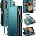 Defencase Compatible with Galaxy A15 5G Case Wallet with RFID Blocking Card Holder for Women Men, PU Leather Magnetic Snap Flip Zipper Strap Wallet Phone Case Fit for Samsung Galaxy A15 5G, Blue Green