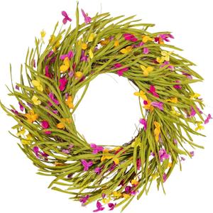 Farmhouse Spring&Summer Wreath for Front Door, 22 Inch Rustic Floral Wreath with Yellow and Pink Fabric Flowers, Grapevine Base & Paper Leaves, Indoor Hanging Decor for Easter, Porch, Wall