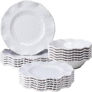 Beaded Melamine Dinnerware Set of 6,18 piece Farmhouse Plates and Bowls Set