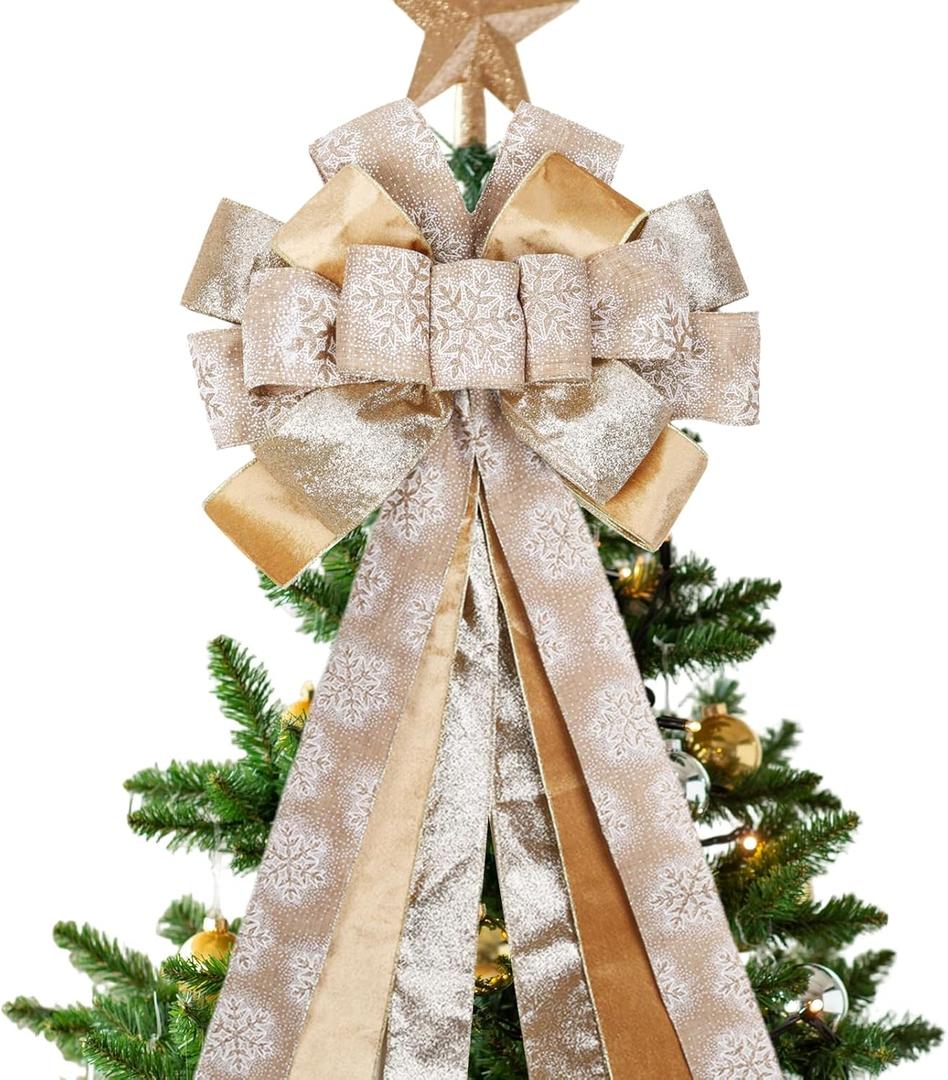 LaRibbons Large Gold Christmas Tree Topper Bow, 12"x45" Glitter Snowflake Ribbon Bow for Christmas Tree Decoration, Elegant Holiday Tree Ornament, Xmas Indoor Outdoor Decor