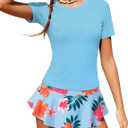 Girls Rash Guard Swimsuits Short Sleeve Swimwear Skirt with Built-in Shorts Girls Bathing Suits Size 6-14