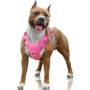 BARKBAY No Pull Dog Harness Large Reflective Dog Harness with Front Clip and Easy Control Handle for Walking Training Running with ID tag Pocket(Pink,L)