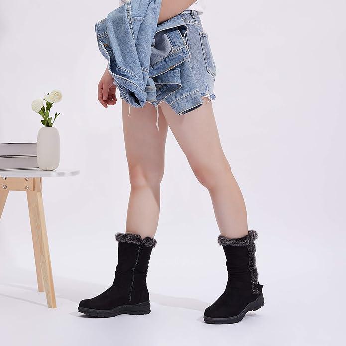 Vepose Women's Winter Snow Boots Fur Mid Calf Warm Suede Fuzzy Shoes 9.5