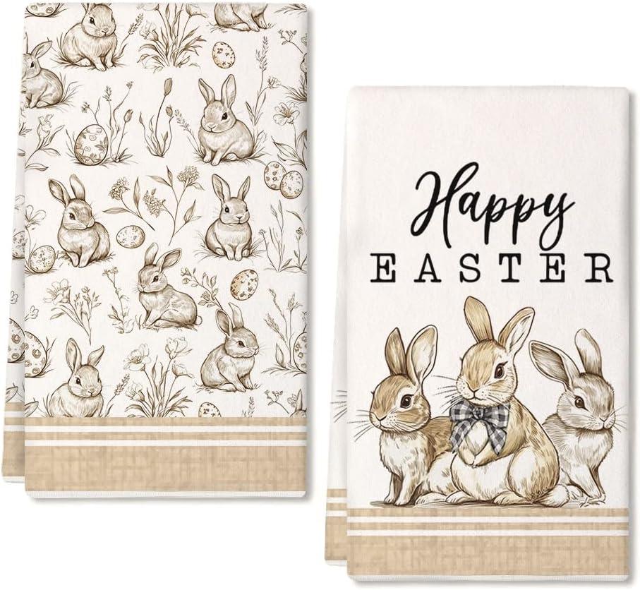 Beige Bunny Easter Kitchen Towels Set of 2,Rabbits Spring Dish Hand Towels Farmhouse Indoor Outdoor Holiday Seasonal Decorations DD087