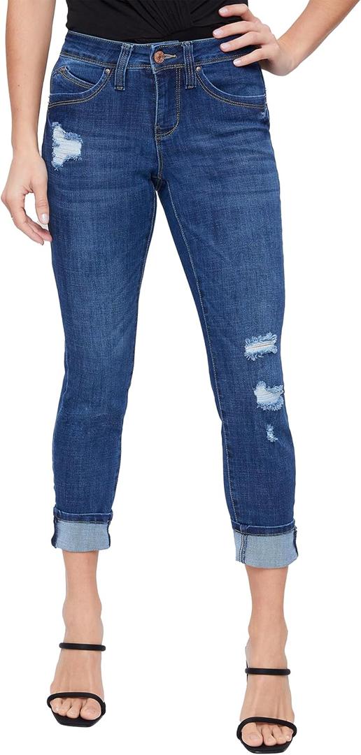 Royalty for Me Women's Royalty for Me Women's Petite Wannabettabutt Mid Rise Mega Cuff Jeans (Indigo Blue Rips) 12P