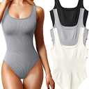 OQQ Women's 3 Piece Bodysuits Sexy Ribbed Sleeveless Square Neck Tank Tops Leotard 2025 Trendy Outfits Black Grey Beige Small