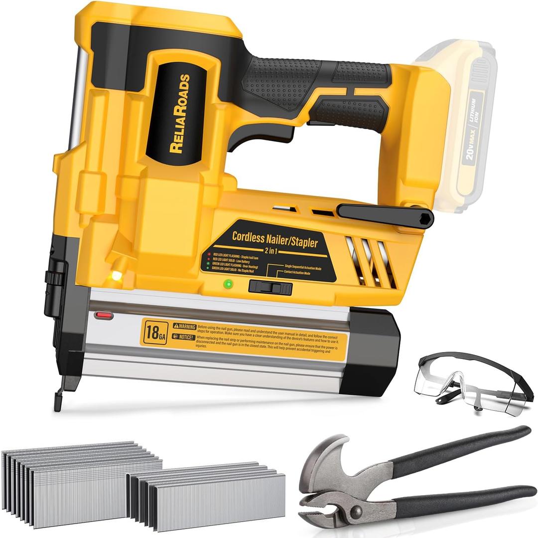 ReliaRoads 2" Cordless Brad Nailer, Patented 18GA 2-in-1 Staple Nail Gun Battery Powered Compatible with DeWalt 20V MAX Battery, Electric Nail Gun with Nails Puller, 1600 Nails (Battery Not Included)