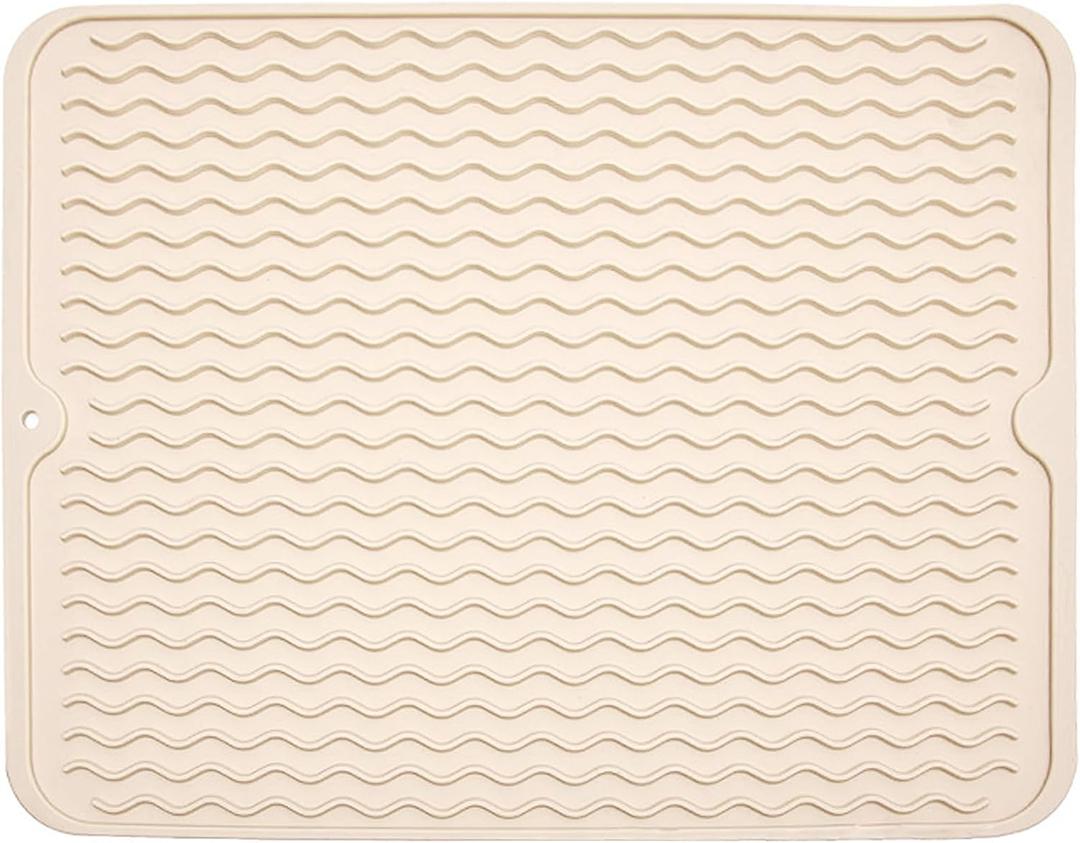 Silicone Dish Drying Mat for Multiple Usage, Easy clean, Eco-friendly, Heat-resistant Dish Drainer Mat for Kitchen Counter,Sink,Refrigerator or Drawer liner (18" x 16", BEIGE)