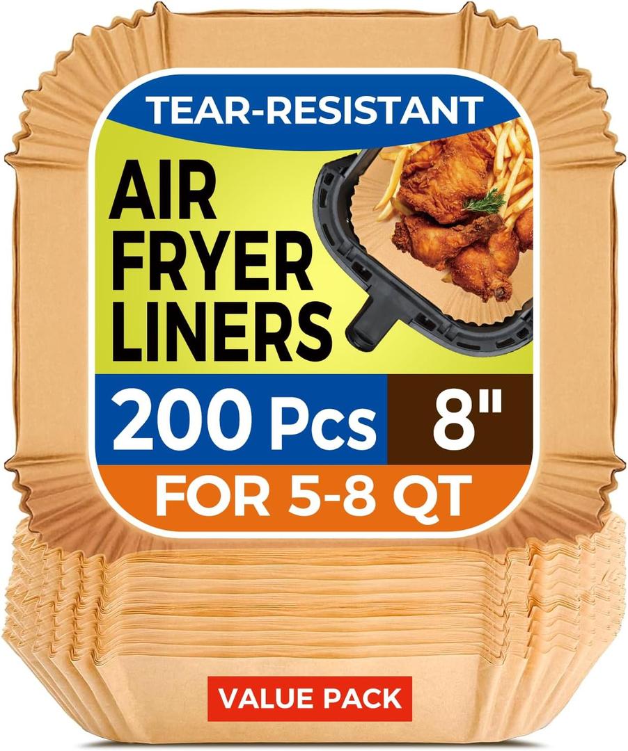 Air Fryer Paper Liners, 200pcs Air Fryer Liners Disposable, 8" Square Baking Paper Liner for 5-8 qt Airfryer Basket, Non-stick and Oil Proof Parchment Paper for Oven, Pans & Baking