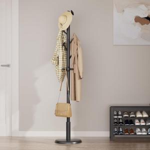 Solid Wood Coat Rack, Freestanding Coat Rack with 10 Hooks and Thickened Base, Coat Tree 3 Adjustable Heights for Bedroom, Entryway, Livingroom, Coat Hanger Stand for Scarves, Handbags (Black)