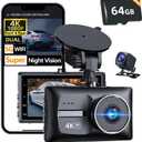 4K Dash Cam Front and Rear Car Cameras, 4K+1080P Dual Dash Camera for Cars with 64GB Card,5G WiFi WDR Night Vision,170Wide Angle, 3 IPS Screen, G-Sensor, 24H/7 Parking Mode,Up to 256GB Supports